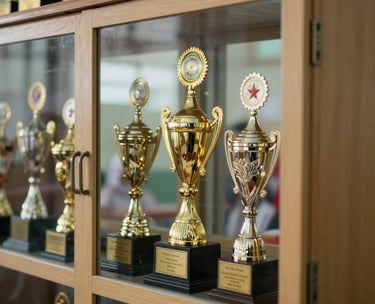 Detailed shot of school awards and trophies in a glass cabinet at an Indonesian elementary school, golden accents, professional lighting.