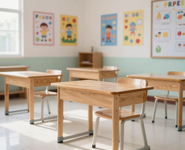 A bright and airy Indonesian elementary classroom with modern wooden desks, colorful educational posters on the walls, and clean white flooring, soft natural morning light.