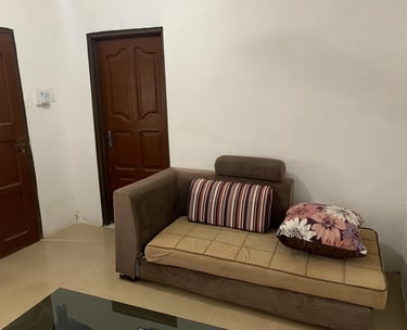 A brown velvet studio couch with decorative striped and floral pillows in a simple living room.