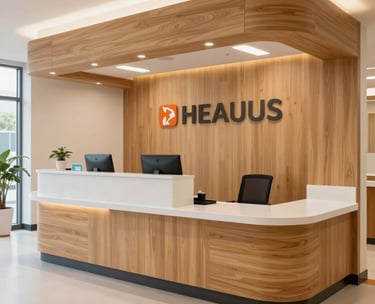 A high-quality photo of a modern community health center reception desk in the US, with clean architectural lines, warm wooden textures, and a professional, welcoming atmosphere.