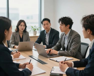 A professional photography shot of a strategy meeting in a light-filled North American office, showing diverse professionals collaborating around a table, exuding quiet strength and stability.