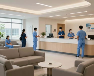 A professional photography shot of a modern healthcare facility interior in the US, featuring clean lines, comfortable seating, and a sense of calm professionalism and community care.