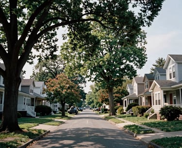 A photograph of a serene residential street in Detroit, Michigan with mature trees and well-kept homes, conveying a sense of neighborhood stability and peace.