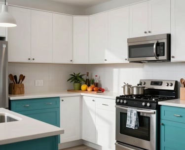 A photograph of a modern, organized residential kitchen in Detroit, Michigan. The space is clean and bright, with teal accents, symbolizing a structured and healthy substance-free lifestyle.