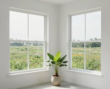 A minimalist white room with large windows overlooking a North American meadow, with a single bright green plant in a ceramic pot.