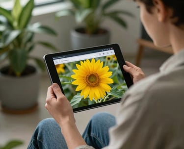 A person in North American casual attire looking at a digital tablet showing a bright flower search interface in a modern, plant-filled office.