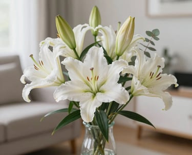 A close-up of fresh white lilies and eucalyptus leaves in a clear glass vase, bright and airy morning light in a North American living room setting.