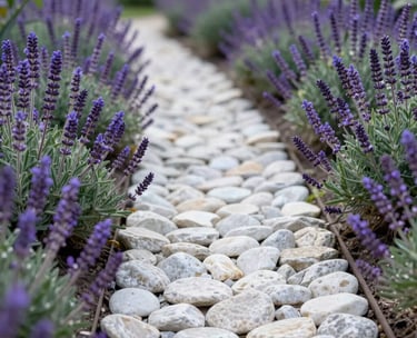 Photography of a peaceful garden path in a North American spiritual retreat. The path is lined with white stones and purple blooming sage. Soft, diffused daylight illuminates the tranquil scene.