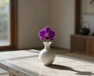 Minimalist photography of a serene tea ceremony room in a North American retreat center. A single deep purple orchid sits in a white ceramic vase on a low light-grey stone table. Soft, natural morning light creates a calming ambiance.