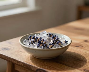 A close-up photograph of a simple wooden table in a North American sunlit room. On the table sits a handcrafted ceramic bowl filled with dried lavender and sparkling clear crystals. The lighting is soft and warm.