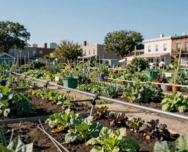 A vibrant community garden in a US urban neighborhood, showing sustainable irrigation systems and healthy crops, under a clear blue sky.