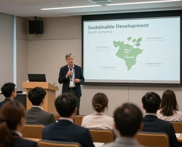 A professional seminar held in a light-filled auditorium where a speaker is discussing sustainable development goals in North America.
