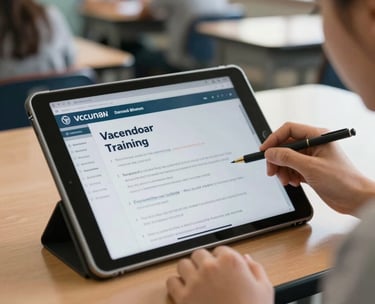 A close-up of a digital tablet being used in a North American classroom, showing vocational training software, with soft morning light and a professional atmosphere.