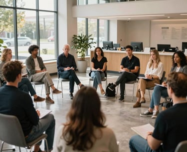 A diverse group of community members meeting in a sunlit, modern North American community center for a leadership workshop.