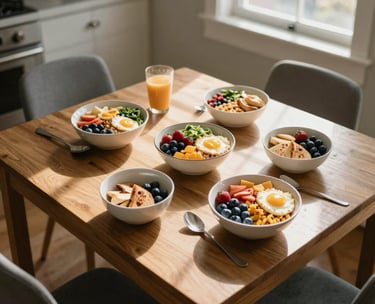 A top-down view of a shared kitchen table in a North American home, with healthy breakfast bowls and morning sunlight streaming through the window, signifying a fresh start.
