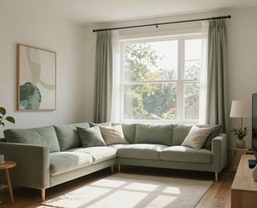 A serene, sun-drenched living room in a modern, light-filled North American home, clean and minimalist decor with soft green accents, tranquil atmosphere, soft natural light streaming through a window, wide shot, inviting and calm.
