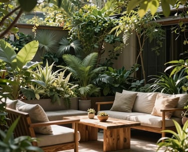 A peaceful outdoor garden or patio area, lush green plants, warm sunlight filtering through leaves, a comfortable seating area, natural wood and stone textures, North American style, conveying calm and renewal.