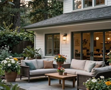 A serene outdoor patio area of a boutique home in the Pacific Northwest, with comfortable seating, blooming garden planters, and a tranquil atmosphere for residents to relax.