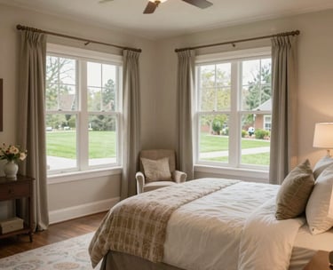 A warm and inviting private bedroom in a North American senior care home, featuring soft lighting, large windows with views of a manicured lawn, and comfortable, high-quality furniture.