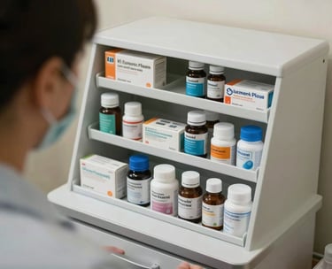 A photo of a neatly arranged medication management station in a professional home-care setting, emphasizing clinical precision and safety.