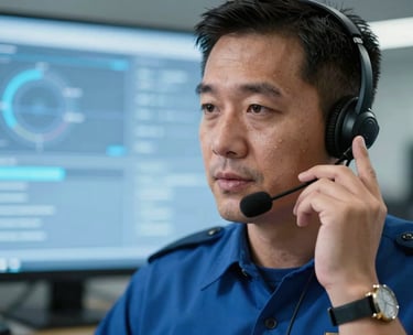 A focused close-up of a North American emergency dispatcher in a medium blue uniform calmly speaking into a headset, reflecting professional crisis communication. The background features light blue interface glow.