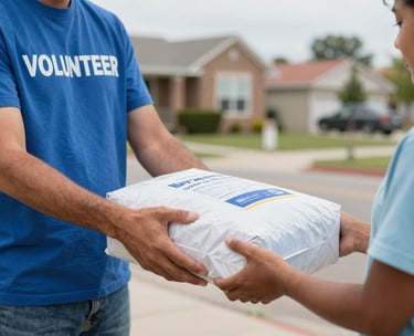 A focused shot of a volunteer's hands handing a relief package to a community member in a North American suburban setting. The scene is heartwarming and professional, with medium blue and light blue tones.