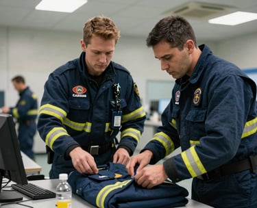 Professional emergency responders in dark blue uniforms coordinating logistics in a high-tech North American command center. The lighting is crisp and the mood is focused and efficient.