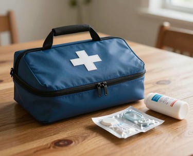 A close-up of a first-aid kit and emergency supplies on a wooden table, illuminated by warm morning light in a North American home, symbolizing preparedness and safety. Colors include dark blue and soft white.