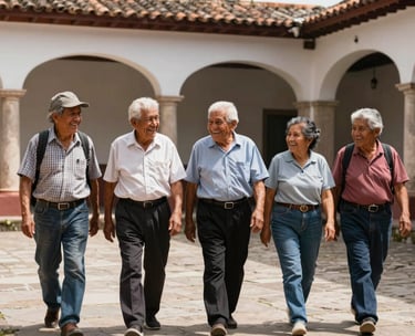 Colombian seniors walking together in a sunlit courtyard of the foundation, laughing and showing a sense of strong community belonging.