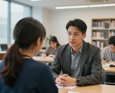 A candid photograph of a mentoring session between a mentor and student in a bright, modern North American library, featuring soft blue and neutral lighting.