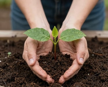 A close-up shot of hands planting a small sapling in dark soil, signifying the birth of a new sustainable initiative in a North American setting.