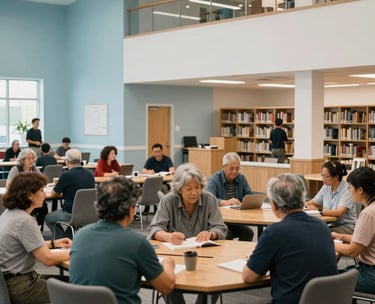 A wide shot of a multi-generational group of people gathering in a clean, modern North American community center library, with light blue and white interior accents.