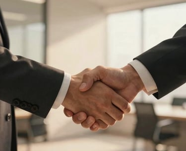 A close-up photograph of a handshake between two professionals in a modern North American office setting, with a warm sunlit background and soft golden ochre tones.