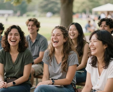 Friends laughing around a campfire in a forest clearing at dusk.