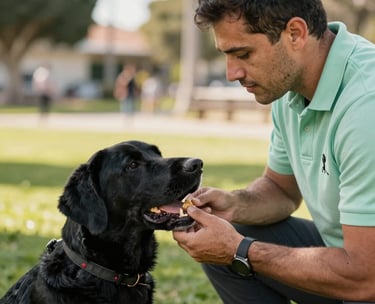 A close-up photograph of a professional trainer in a pale green polo shirt handing a treat to a focused black Labrador service dog in a sunny Valparaiso park, North American setting, natural morning light.