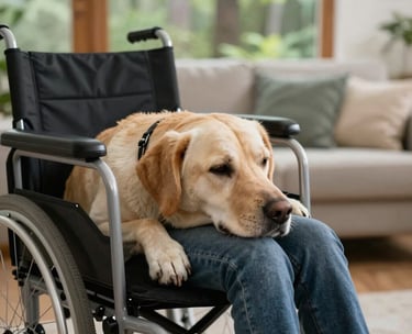 A heartwarming photograph of a service dog resting its head on the lap of a person in a wheelchair, indoors in a bright North American home, soft forest green accents in the background, professional and compassionate mood.