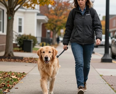 Photography of a golden retriever service dog walking calmly beside a handler on a sidewalk in a North American town center, autumn trees and off-white buildings in the background, sharp focus, professional style.