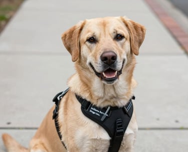 A close-up of a service dog wearing its harness with 'Indiana Service Dogs Inc.' text visible, sitting patiently on a North American sidewalk, bright and clear photography.