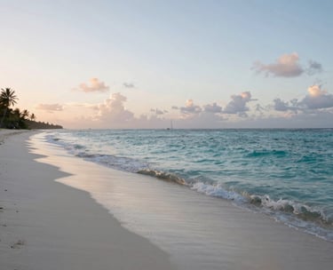 A peaceful landscape photograph of a quiet Caribbean / Anglophone Caribbean coastline at dawn, featuring soft sand and gentle turquoise waves, representing mental clarity and tranquility.
