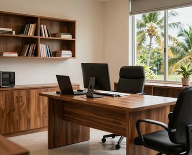 A photography shot of an organized, modern therapist's office in the Caribbean / Anglophone Caribbean, with warm wood furniture and a view of tropical palms through the window.
