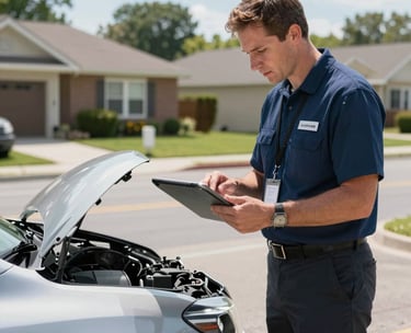 A professional insurance adjuster in a North American suburban setting using a digital tablet to inspect the front of a sedan, bright daylight, realistic photography emphasizing reliability.