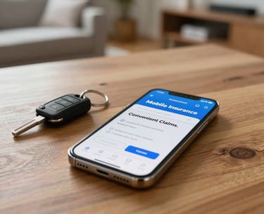 A close-up photograph of a smartphone and a set of car keys on a wooden table in a brightly lit North American living room, displaying a mobile insurance app for convenient claims.