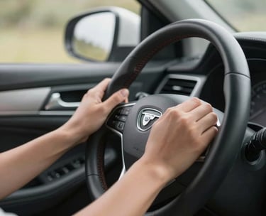 A close-up photograph of a driver's hands positioned correctly on a modern car steering wheel, soft natural light entering from the side window, North American car interior, clean and focused composition.