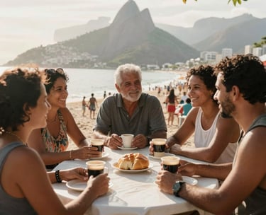 People gathered around a table with coffee and bread in an outdoor community setting in Rio de Janeiro, morning sunlight, warm and welcoming Brazilian hospitality vibes.