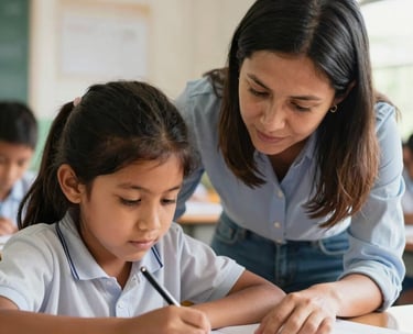 A close-up of a teacher helping a child with schoolwork in a bright South American classroom, soft natural lighting, emotional and supportive atmosphere, professional photography.