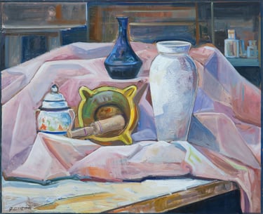 Paño rosa, óleo del artista pintor Argi Girón. Vessels pink still life oil artist painter