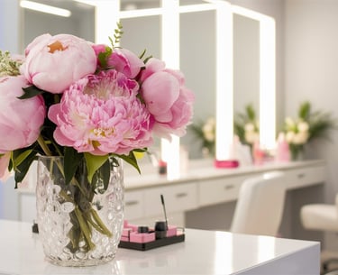 a vase with pink flowers in a vase on a table