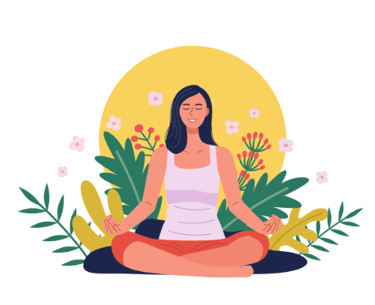 a woman sitting in a lotus position meditating with flowers and the sun behind her