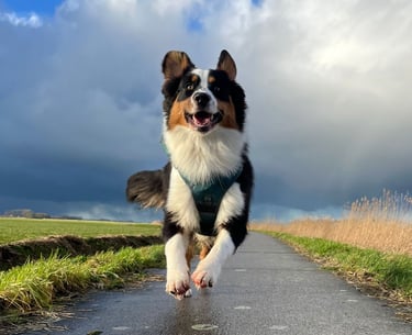 a happy dog running on a paved road