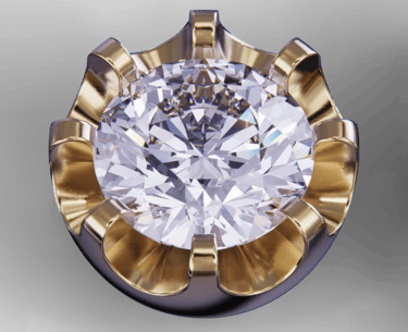 Top view of a round brilliant cut diamond set in a polished yellow gold wavy illusion setting.